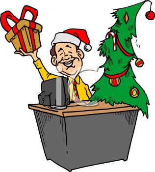 Cheerful office worker in Santa hat holding gift box beside decorated Christmas tree at desk.
