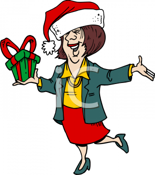 Cheerful woman in Santa hat holding a wrapped gift, mid-step with open arms.