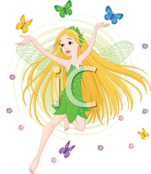 A joyful fairy with long golden hair, green dress, and translucent wings dances among colorful butterflies and flowers.