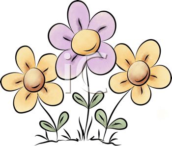 Three hand-drawn flowers-two yellow and one purple-with green stems and leaves on a white background.