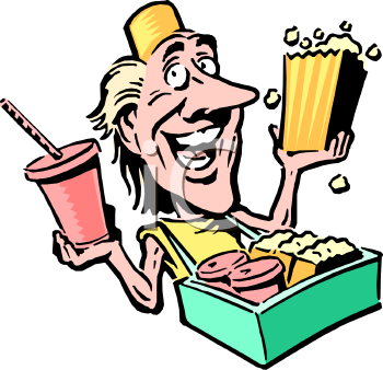 Happy cartoon man holding popcorn, soda, and a box of snacks at the movies.