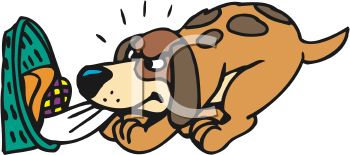 A cartoon brown dog with floppy ears sniffs a colorful woven basket, eyes narrowed in suspicion or curiosity.