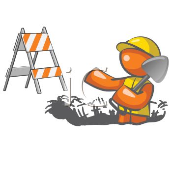 Orange cartoon construction worker digging with a shovel beside an orange-and-white striped barricade.