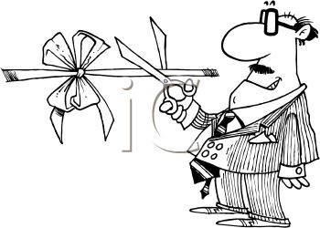 A cartoon man in a suit cuts a large ribbon bow with scissors, symbolizing a grand opening or launch event.