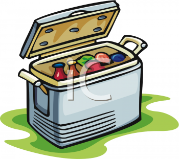 Open silver cooler filled with colorful drinks and ice on green grass.