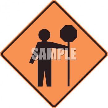 Orange diamond-shaped road sign showing a worker holding a stop sign, indicating temporary traffic control.