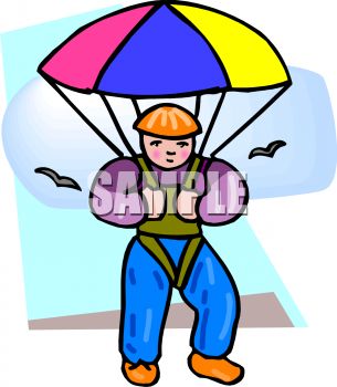 Cartoon skydiver with colorful parachute, wearing helmet and harness, against light blue sky with birds.