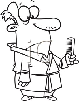 Cartoon man in robe holding a comb, looking surprised with messy hair.