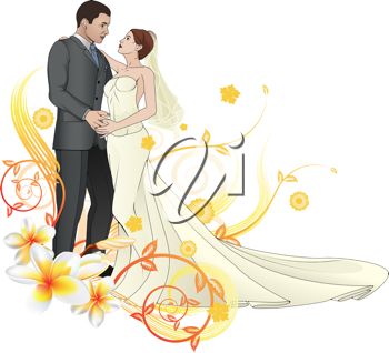 Romantic wedding illustration of a bride and groom embracing with floral swirls and plumeria blossoms.