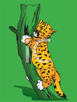 A cartoon orange leopard with black spots climbs a green tree trunk, paws gripping the bark.