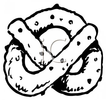 Black-and-white line drawing of a classic twisted pretzel with salt specks.