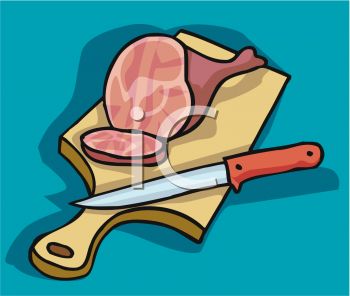 Raw ham steak on wooden cutting board with chef's knife, ready for preparation.