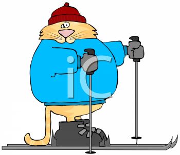 A cartoon cat in a blue jacket, red beanie, and skis holding poles, ready to ski.