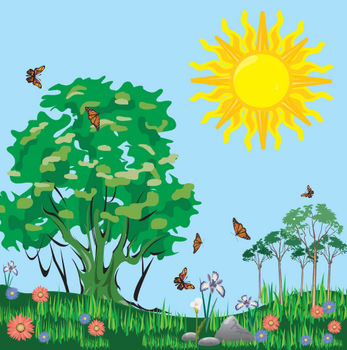 Bright sunny day with a large green tree, colorful flowers, butterflies, and smaller trees in a cheerful meadow scene.