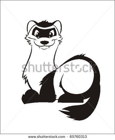 Black and white cartoon illustration of a smiling ferret sitting upright with a bushy tail curled beside it.