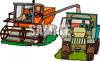 A combine harvester transferring grain via auger into a waiting grain truck on a green field.