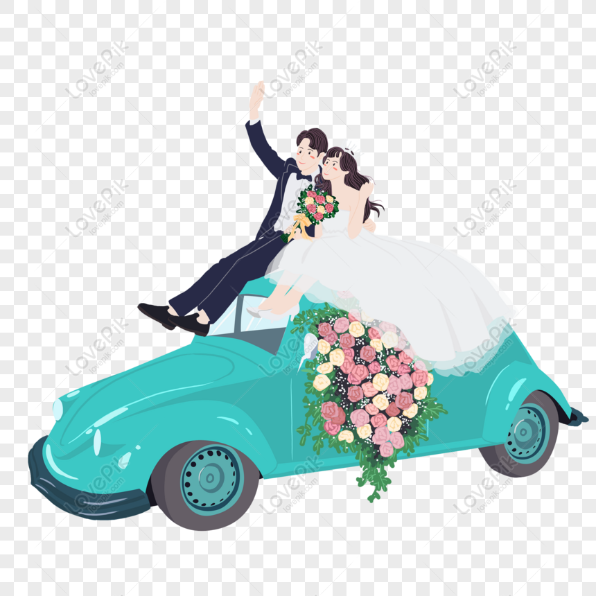 Cartoon bride and groom waving joyfully from a turquoise vintage car adorned with floral decorations.