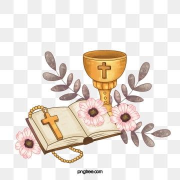 Christian Symbolism Illustration - Bible, Chalice, Cross & Flowers