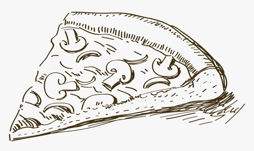 Hand-drawn sketch of a mushroom-topped pizza slice with thick crust and detailed toppings.