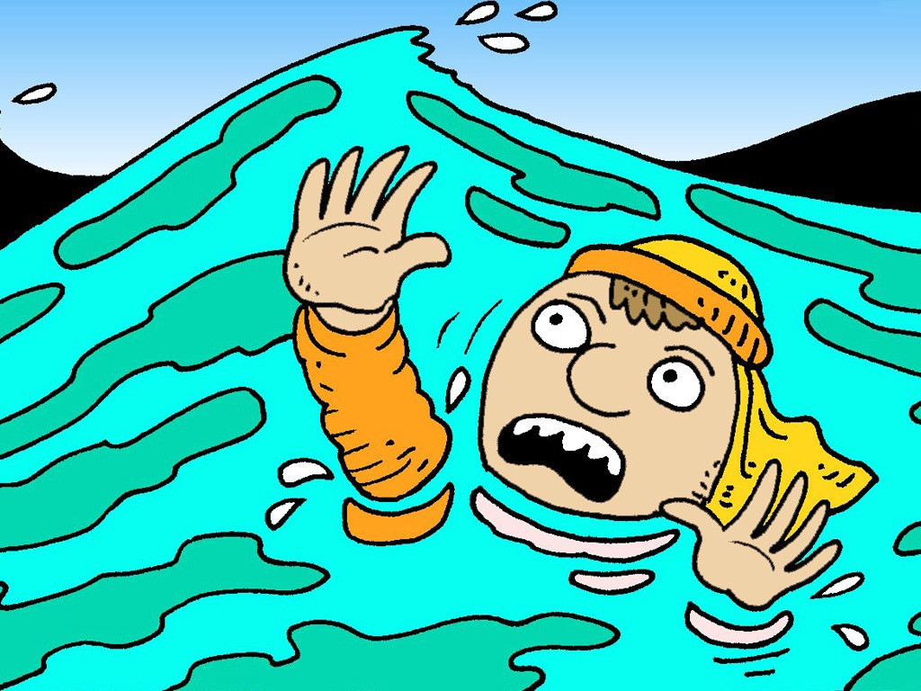 A cartoon person in orange swimwear and yellow cap struggling in turbulent turquoise water, waving for help with wide-eyed panic.