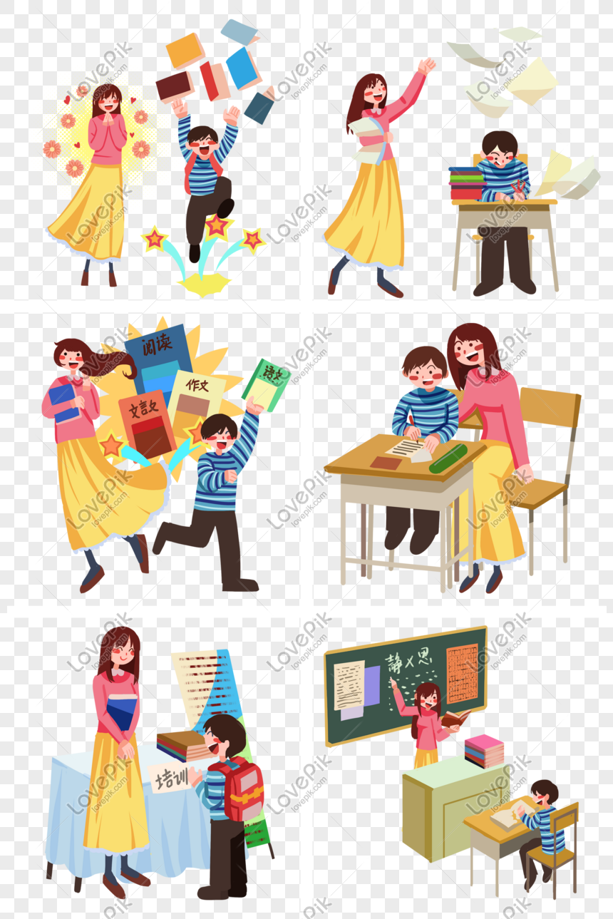 Cheerful teacher and student engaging in joyful learning activities: reading, writing, teaching, and celebrating academic success.