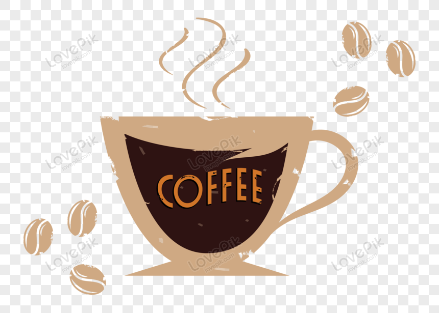 Steaming coffee cup with "COFFEE" text, surrounded by floating beans and aromatic swirls on transparent background.