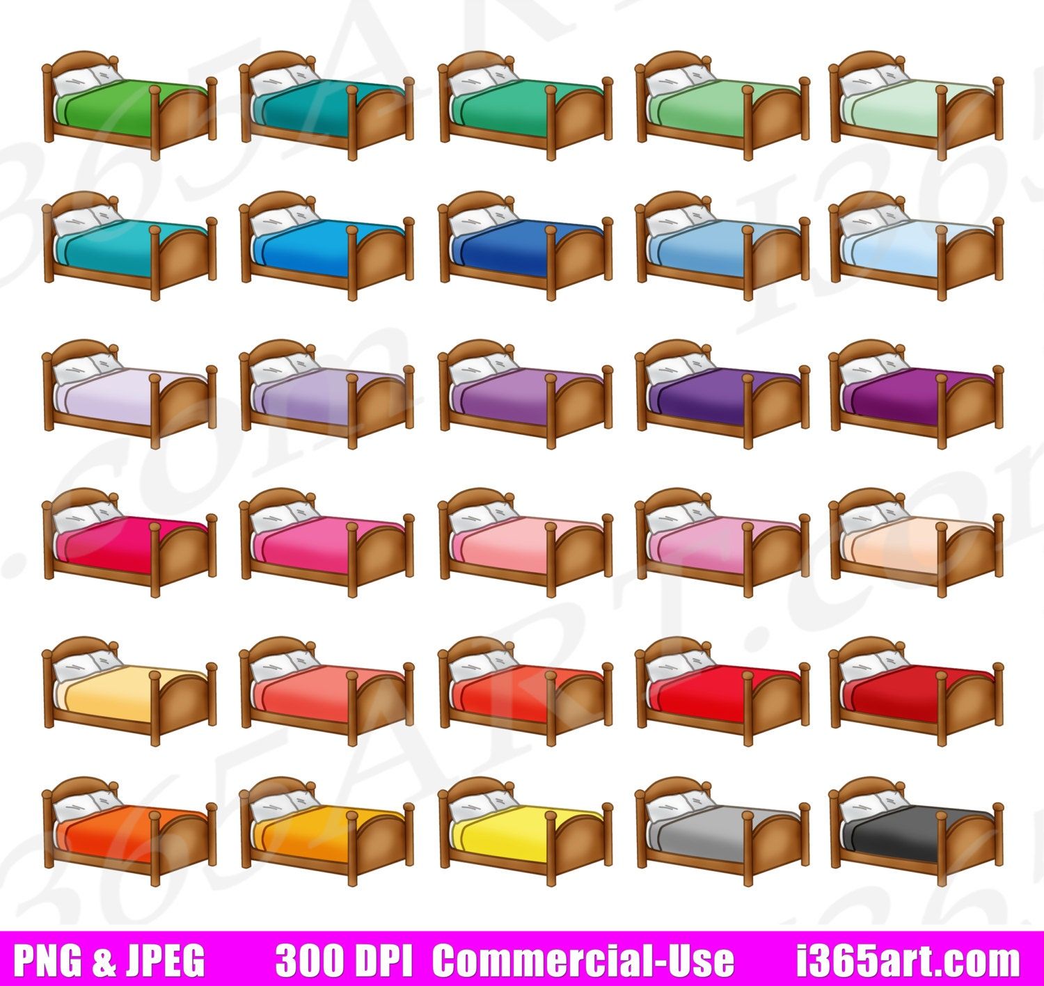 Collection of 30 cartoon-style single beds with wooden frames and colorful bedding in various shades.