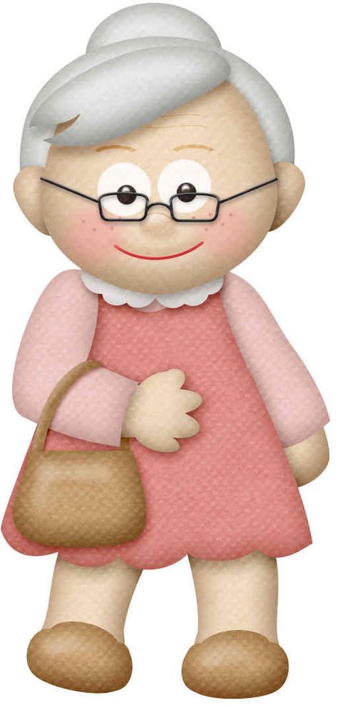 Friendly cartoon elderly woman with gray hair, glasses, pink dress, and handbag.