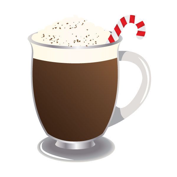 A festive mug of hot chocolate topped with whipped cream, chocolate shavings, and a red-and-white candy cane stirrer.