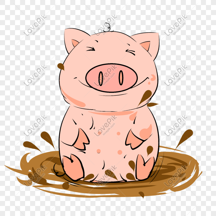 Cute cartoon pig sitting happily in a muddy puddle, eyes closed and smiling.