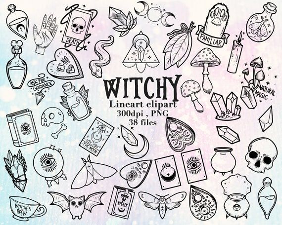 Witchy Lineart Clipart - 38 High-Res PNG Files for Digital Art & Design