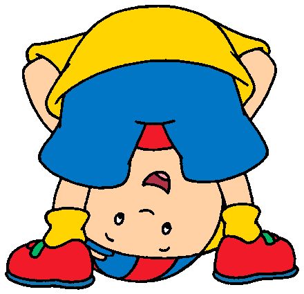 A cartoon child with blue hair, yellow hat, and red shoes doing a headstand with a playful expression.