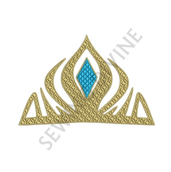 Golden ornate tiara with intricate geometric patterns and a central blue diamond-shaped gemstone.