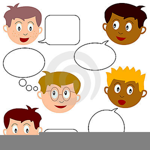 Five diverse cartoon children with speech and thought bubbles, illustrating communication and thinking.