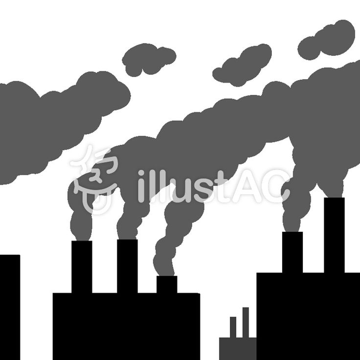 Industrial factory smokestacks emitting thick gray pollution clouds against a white background.