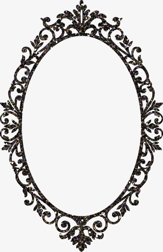 Ornate black oval frame with glittery floral scrollwork and crown-like top detail.