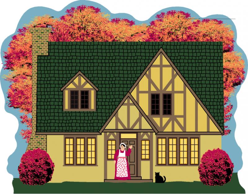 Cozy Tudor-style house in autumn with woman waving at door and black cat nearby.