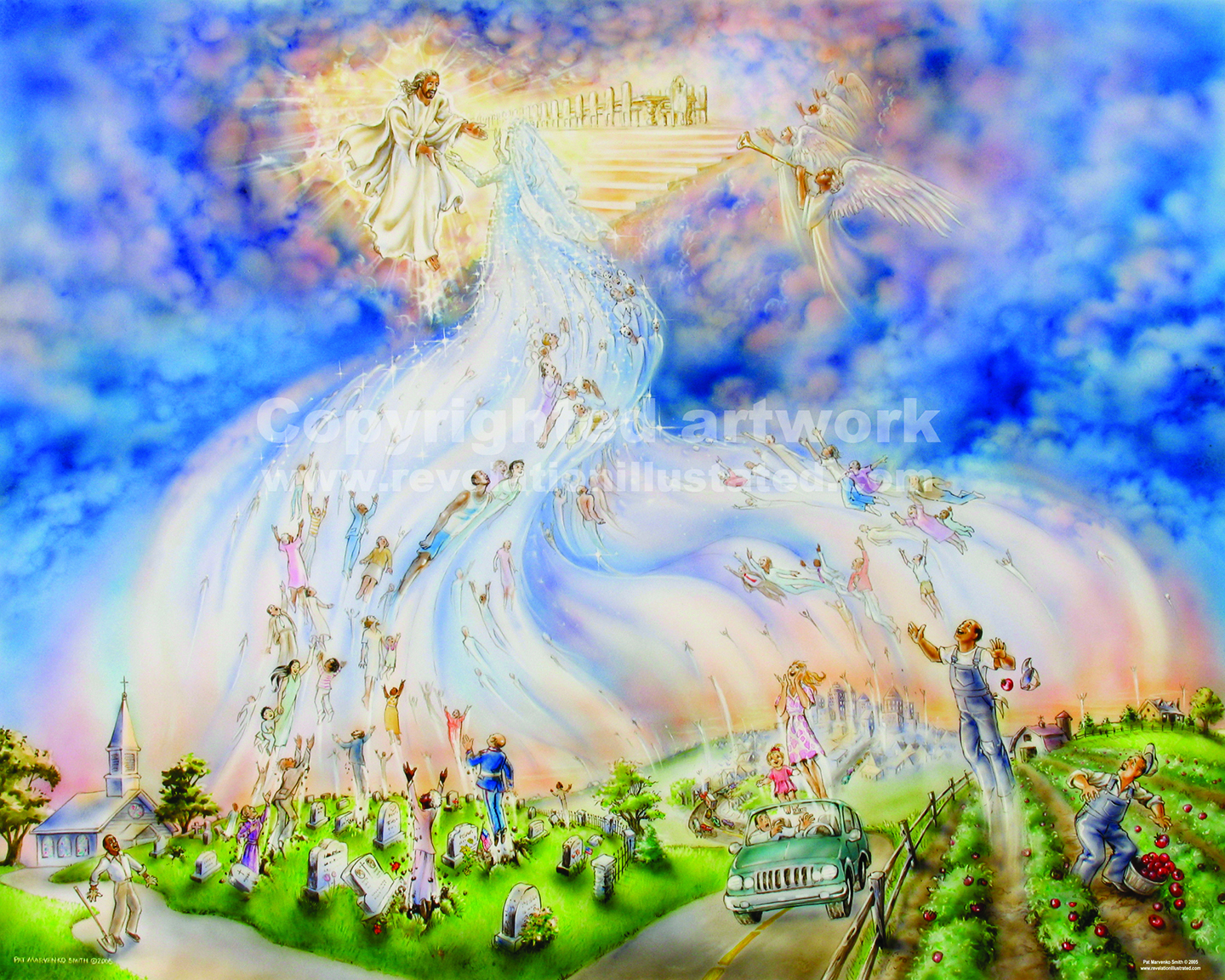 Jesus welcoming souls up a radiant staircase to heaven, with angels, graves, and earthly scenes below.