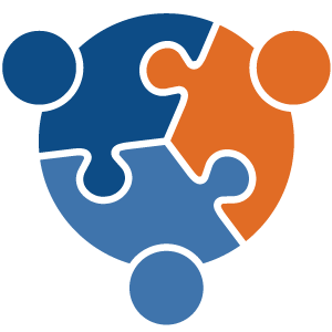 Four interconnected puzzle pieces in blue and orange, each with a circular head, symbolizing teamwork and collaboration.