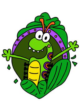 Cheerful green caterpillar with purple headband, yellow belly, and expressive eyes peeking from leafy shell.