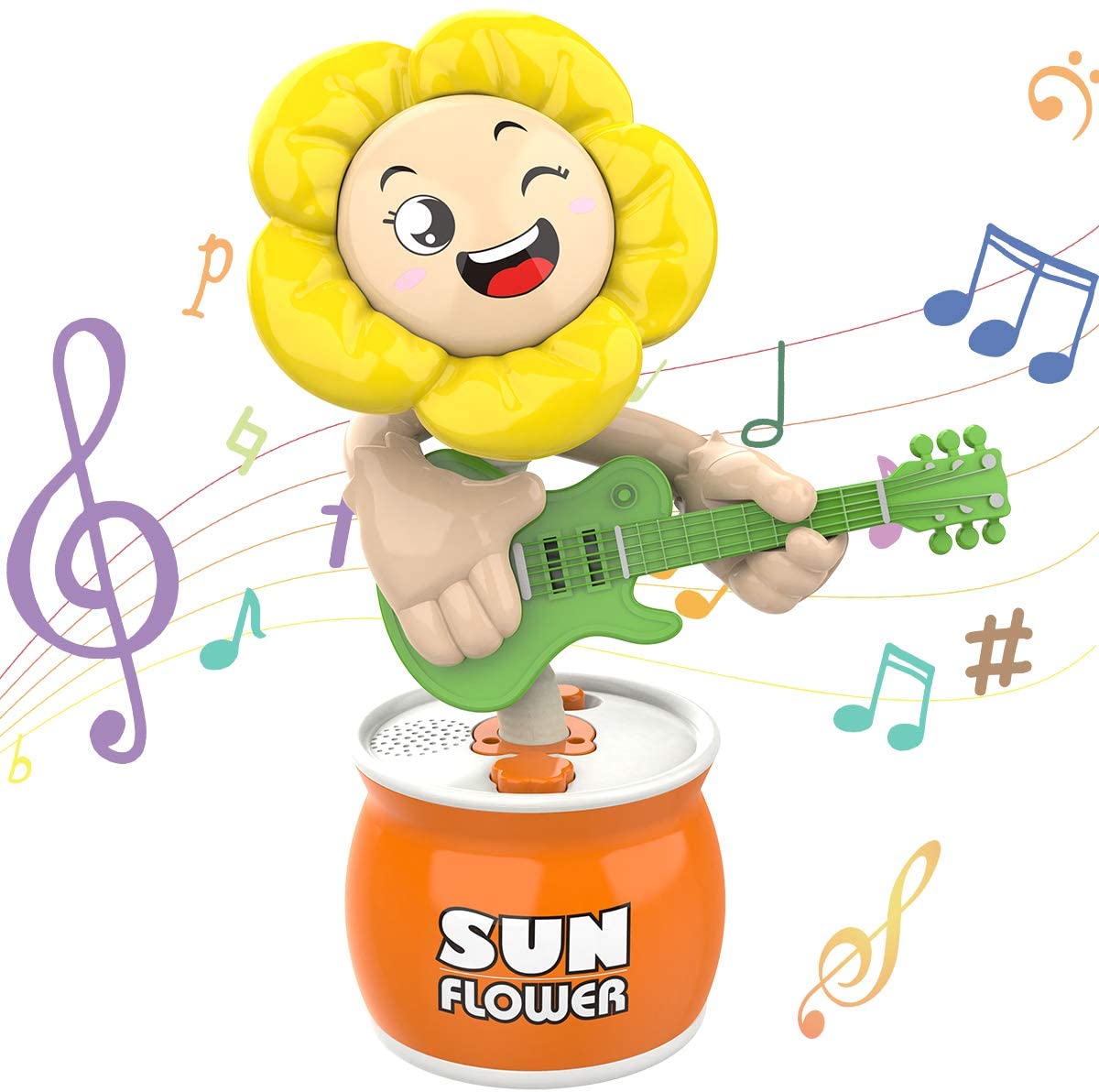 Cheerful sunflower toy playing a green guitar with musical notes around it, labeled "SUN FLOWER" on an orange base.