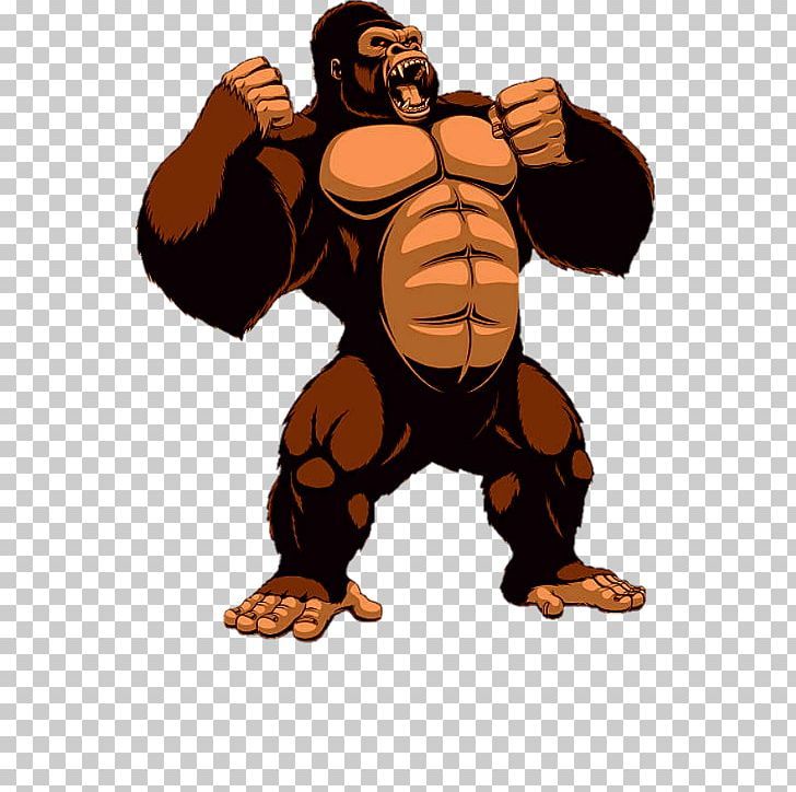 Muscular cartoon gorilla roaring with clenched fists, standing aggressively on two legs against transparent background.