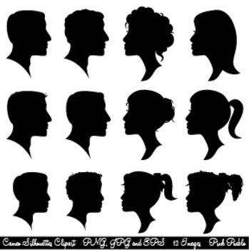 Twelve black silhouette profiles of men and women in various hairstyles and angles, arranged in a 3x4 grid.