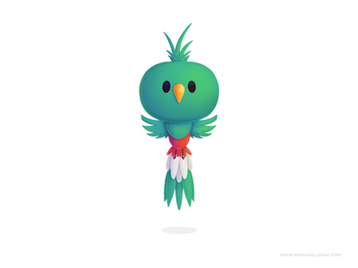 A stylized green quetzal bird with a crest, orange beak, red chest, and white-tipped tail feathers, floating against a white background.