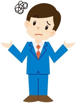 Confused businessman with scribble above head, arms spread in uncertainty.