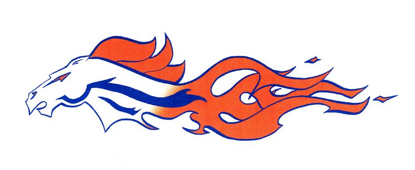 Stylized flaming horse head logo in orange, blue, and white, representing speed and energy.