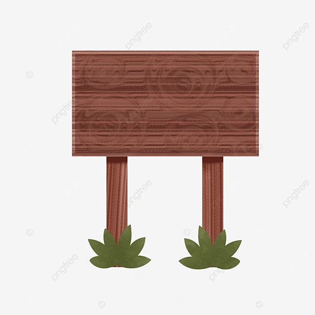 Wooden signboard with two posts and green leafy bases, blank surface for custom text.