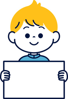 Smiling cartoon boy with blond hair holding a blank white sign for custom messaging.