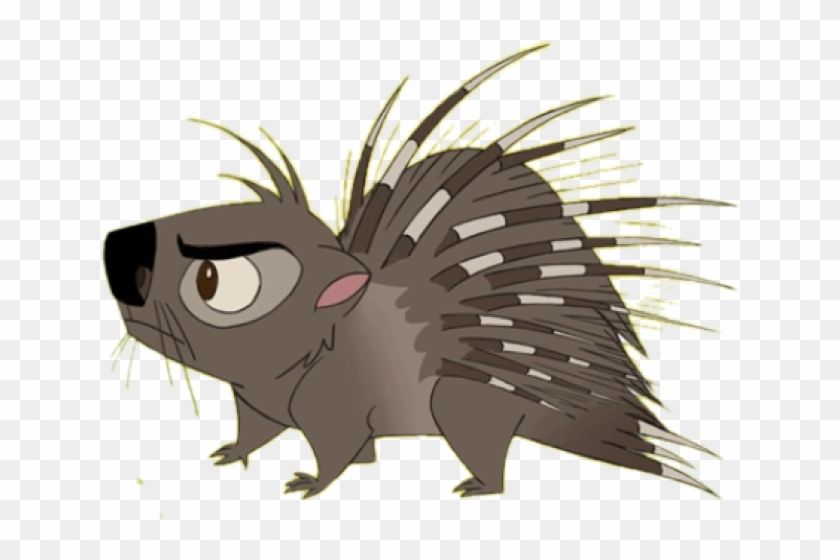 Cartoon porcupine with grumpy expression, brown fur, and striped quills fanned out.