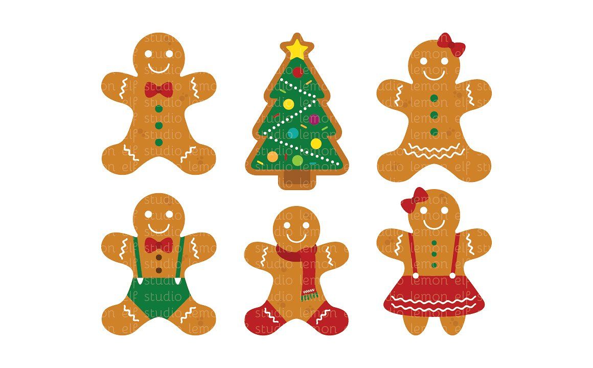 Six festive gingerbread figures including men, women, and a decorated Christmas tree on white background.
